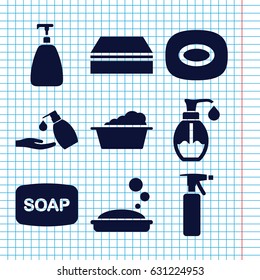 Set of 9 soap filled icons such as spray bottle, soap, sponge