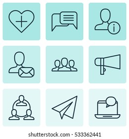 Set Of 9 Social Icons. Can Be Used For Web, Mobile, UI And Infographic Design. Includes Elements Such As Teamwork, Online Letter, Favorite Person And More.