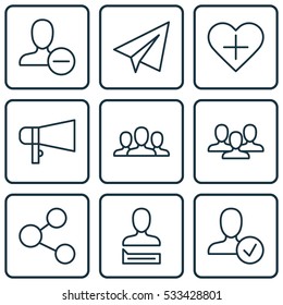 Set Of 9 Social Icons. Can Be Used For Web, Mobile, UI And Infographic Design. Includes Elements Such As Chatting Person, Society, Bullhorn And More.