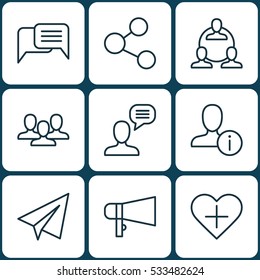 Set Of 9 Social Icons. Can Be Used For Web, Mobile, UI And Infographic Design. Includes Elements Such As Online Chatting, Startup, Favorite Person And More.