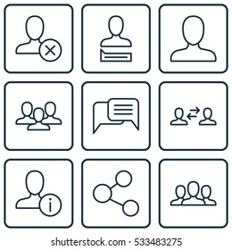 Set Of 9 Social Icons. Can Be Used For Web, Mobile, UI And Infographic Design. Includes Elements Such As Ban Person, Web Profile, Online Chatting And More.