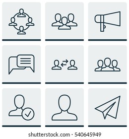 Set Of 9 Social Icons. Includes Startup, Team Organisation, Business Exchange And Other Symbols. Beautiful Design Elements.