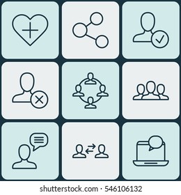 Set Of 9 Social Icons. Includes Team Organisation, Ban Person, Talking Person And Other Symbols. Beautiful Design Elements.