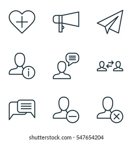 Set Of 9 Social Icons. Includes Business Exchange, Favorite Person, Bullhorn And Other Symbols. Beautiful Design Elements.