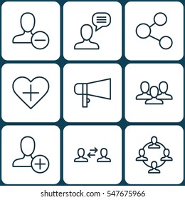 Set Of 9 Social Icons. Includes Team Organisation, Team, Insert Person And Other Symbols. Beautiful Design Elements.