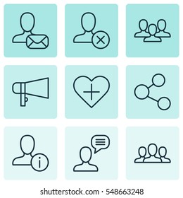 Set Of 9 Social Icons. Includes Ban Person, Bullhorn, Talking Person And Other Symbols. Beautiful Design Elements.