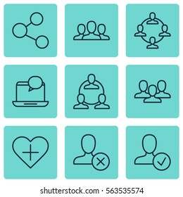 Set Of 9 Social Icons. Includes Team Organisation, Team, Ban Person And Other Symbols. Beautiful Design Elements.