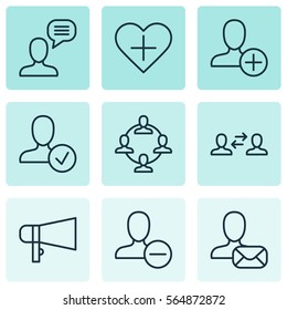 Set Of 9 Social Icons. Includes Business Exchange, Favorite Person, Bullhorn And Other Symbols. Beautiful Design Elements.