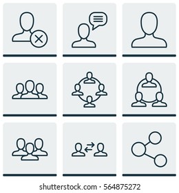 Set Of 9 Social Icons. Includes Team Organisation, Teamwork, Ban Person And Other Symbols. Beautiful Design Elements.