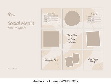 Set 9 Of Social Media Instagram Design Post Puzzle Template With Pastel Theme. For Post, Sale Banner, Ads, Advertising, Promotion Product, Fashion, Beauty, Salon, Women Cosmetic, Skin Care