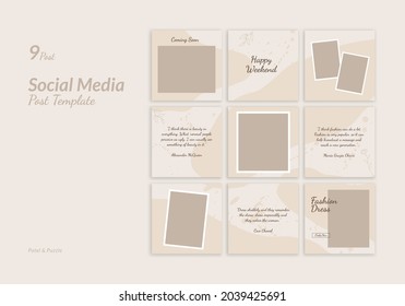 Set 9 Of Social Media Instagram Design Post Puzzle Template With Pastel Theme. For Post, Sale Banner, Ads, Advertising, Promotion Product, Fashion, Beauty, Salon, Women Cosmetic, Skin Care.