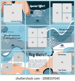 set of 9 social media posts or feeds template with sunset ocean abstract scheme color theme. suitable to promote your products of your brand