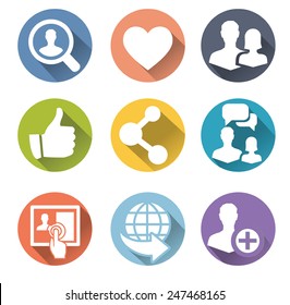 Set of 9 social network flat icons with heart, like, people, interface and other