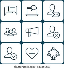 Set Of 9 Social Network Icons. Can Be Used For Web, Mobile, UI And Infographic Design. Includes Elements Such As Favorite Person, Confirm Profile, Bullhorn And More.