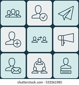 Set Of 9 Social Network Icons. Can Be Used For Web, Mobile, UI And Infographic Design. Includes Elements Such As Insert Person, Online Letter, Confirm Profile And More.