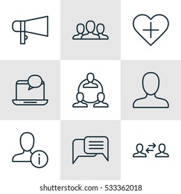 Set Of 9 Social Network Icons. Can Be Used For Web, Mobile, UI And Infographic Design. Includes Elements Such As Mail Notification, Bullhorn, Society And More.