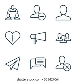 Set Of 9 Social Network Icons. Can Be Used For Web, Mobile, UI And Infographic Design. Includes Elements Such As Remove User, Team, Favorite Person And More.