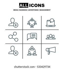 Set Of 9 Social Network Icons. Can Be Used For Web, Mobile, UI And Infographic Design. Includes Elements Such As Mail Notification, Bullhorn, Team Organisation And More.