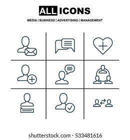 Set Of 9 Social Network Icons. Can Be Used For Web, Mobile, UI And Infographic Design. Includes Elements Such As Online Letter, Favorite Person, Online Chatting And More.