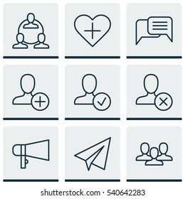 Set Of 9 Social Network Icons. Includes Team, Favorite Person, Teamwork And Other Symbols. Beautiful Design Elements.