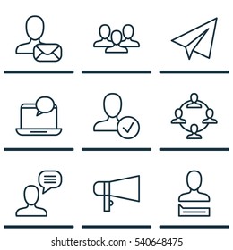 Set Of 9 Social Network Icons. Includes Talking Person, Team Organisation, Online Letter And Other Symbols. Beautiful Design Elements.