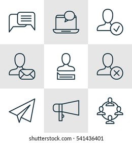 Set Of 9 Social Network Icons. Includes Chatting Person, Team Organisation, Mail Notification And Other Symbols. Beautiful Design Elements.