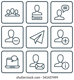 Set Of 9 Social Network Icons. Includes Talking Person, Insert Person, Mail Notification And Other Symbols. Beautiful Design Elements.