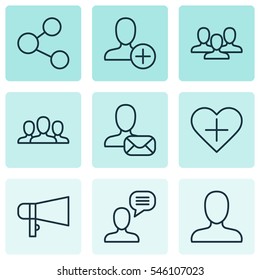 Set Of 9 Social Network Icons. Includes Insert Person, Society, Bullhorn And Other Symbols. Beautiful Design Elements.