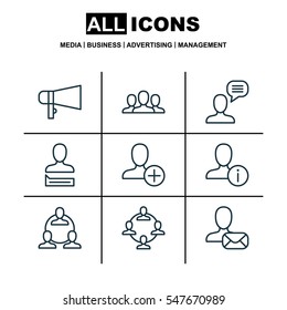 Set Of 9 Social Network Icons. Includes Teamwork, Society, Chatting Person And Other Symbols. Beautiful Design Elements.