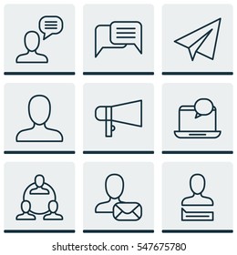 Set Of 9 Social Network Icons. Includes Talking Person, Mail Notification, Startup And Other Symbols. Beautiful Design Elements.