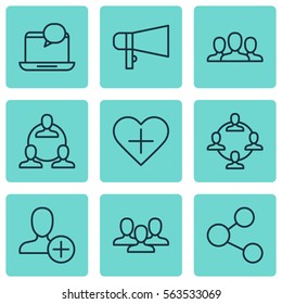 Set Of 9 Social Network Icons. Includes Team, Team Organisation, Society And Other Symbols. Beautiful Design Elements.