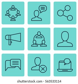 Set Of 9 Social Network Icons. Includes Mail Notification, Web Profile, Teamwork And Other Symbols. Beautiful Design Elements.