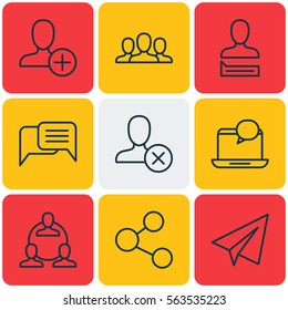 Set Of 9 Social Network Icons. Includes Publication, Ban Person, Chatting Person And Other Symbols. Beautiful Design Elements.