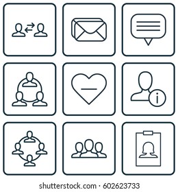 Set Of 9 Social Network Icons. Includes Teamwork, Society, Team Organisation And Other Symbols. Beautiful Design Elements.