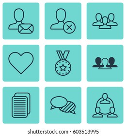 Set Of 9 Social Network Icons. Includes Speaking, Follow, Teamwork And Other Symbols. Beautiful Design Elements.