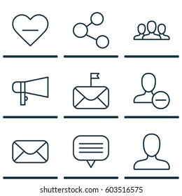 Set Of 9 Social Network Icons. Includes Remove User, Unfollow Icon, Web Profile And Other Symbols. Beautiful Design Elements.