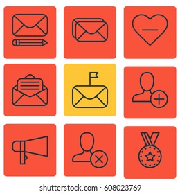 Set Of 9 Social Network Icons. Includes Read Message, Significant Letter, Medal And Other Symbols. Beautiful Design Elements.