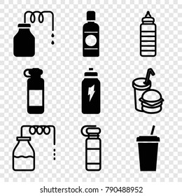 Set of 9 soda filled and outline icons such as bottle for fitness, energetic drink, canister, burger and drink, fitness bottle, bottle