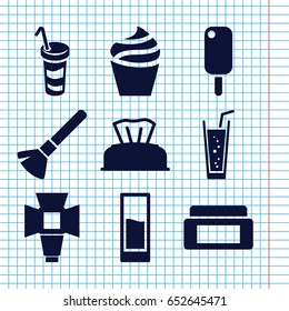 Set of 9 soft filled icons such as baby napkin, cream box, shaving brush, cream, soda, drink, soft box