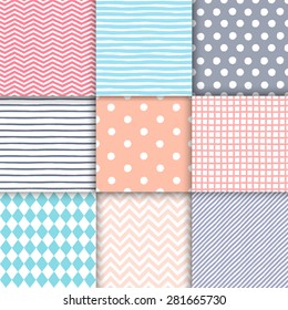 Set of 9 soft neutral hand drawn painted geometric seamless patterns. Template for your design. Vector illustration