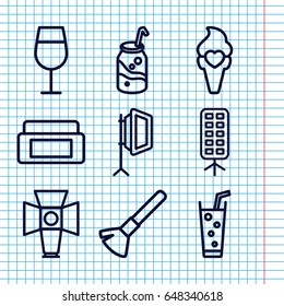 Set of 9 soft outline icons such as cream box, shaving brush, cocktail, soda, ice cream