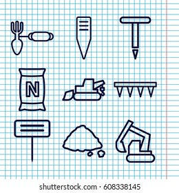 Set of 9 soil outline icons such as excavator, gardening tool, plowing tool, bag with ground