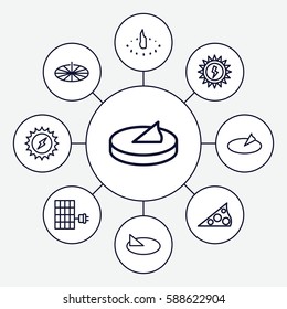 Set of 9 solar outline icons such as solar panel, sun battery, sundial