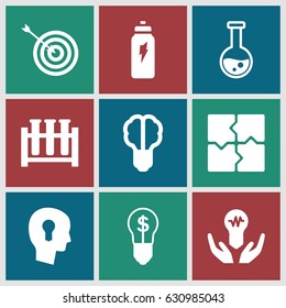set of 9 solution filled icons such as target, puzzle, energetic drink, keyhole in head, bulb in hand, bulb with dollar, test tube