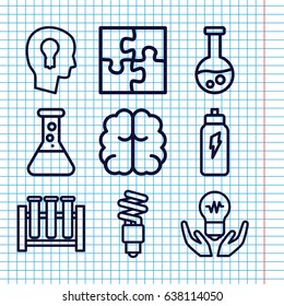Set of 9 solution outline icons such as brain, fluorescent lamp, keyhole in head, puzzle, energetic drink, test tube