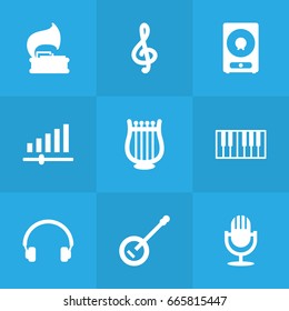 Set Of 9 Song Icons Set.Collection Of Octave Keyboard, Knob, Banjo And Other Elements.