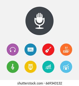 Set Of 9 Song Icons Set.Collection Of Tape, Lyre, Knob And Other Elements.