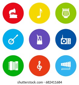 Set Of 9 Song Icons Set.Collection Of Lyre, Turntable, Radio And Other Elements.