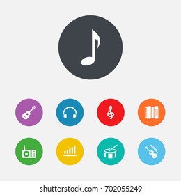 Set Of 9 Song Icons Set.Collection Of Knob, Harmonica, Acoustic And Other Elements.