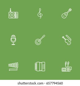 Set Of 9 Song Outline Icons Set.Collection Of Wooden Block, Amplifier, Note And Other Elements.